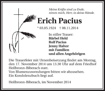 Traueranzeige von Erich Pacius 