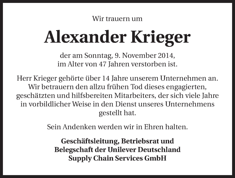  Traueranzeige für Alexander Krieger vom 12.11.2014 aus 