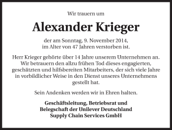 Traueranzeige von Alexander Krieger 