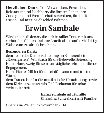 Traueranzeige von Erwin Sambale 