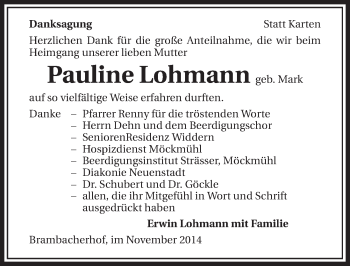 Traueranzeige von Pauline Lohmann 
