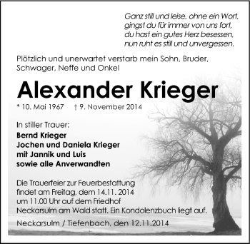 Traueranzeige von Alexander Krieger 