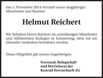 Traueranzeige von Helmut Reichert 
