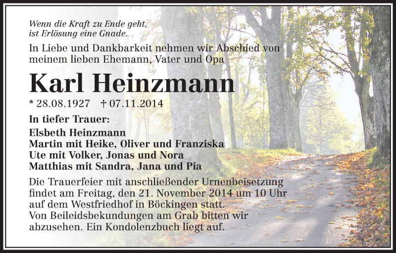 Traueranzeige für Karl Heinzmann vom 17.11.2014 aus 