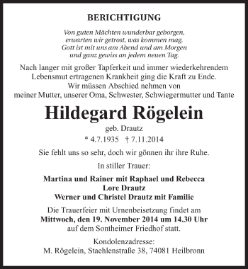 Traueranzeige von Hildegard Rögelein 