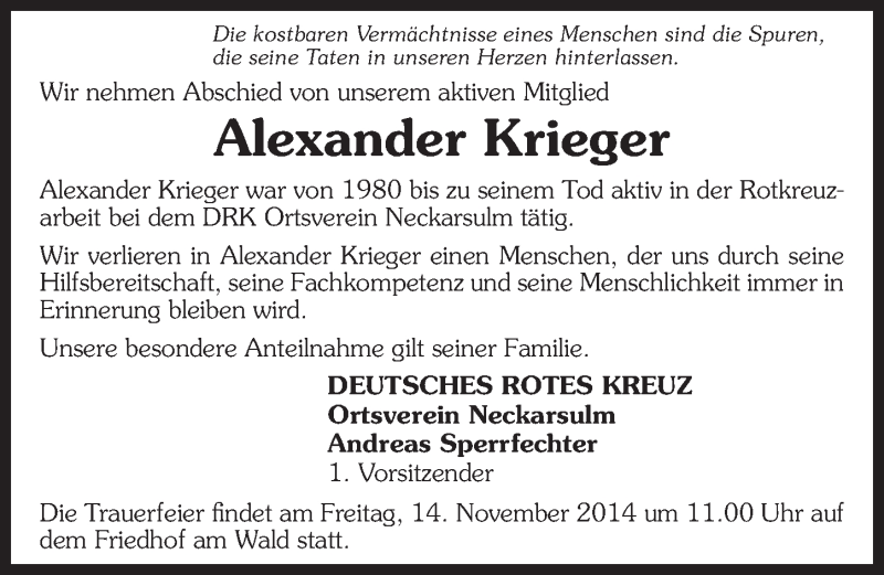  Traueranzeige für Alexander Krieger vom 13.11.2014 aus 