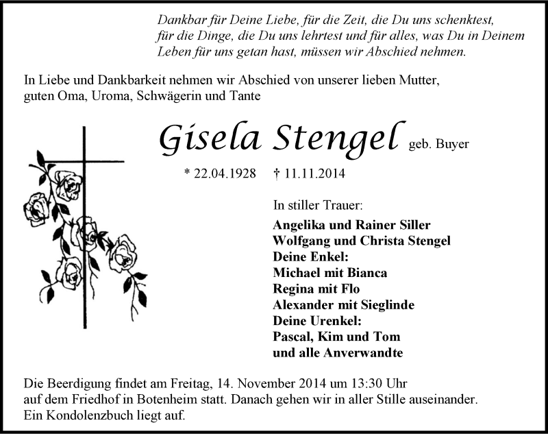  Traueranzeige für Gisela Stengel vom 13.11.2014 aus 