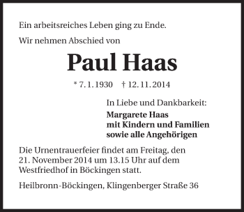 Traueranzeige von Paul Haas 