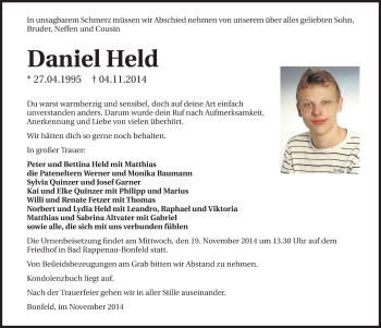 Traueranzeige von Daniel Held 