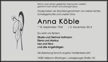 Traueranzeige von Anna Köble 
