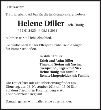Traueranzeige von Helene Diller 
