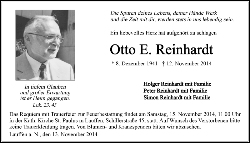  Traueranzeige für Otto Reinhardt vom 13.11.2014 aus 