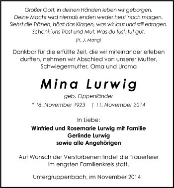 Traueranzeige von Mina Lurwig 