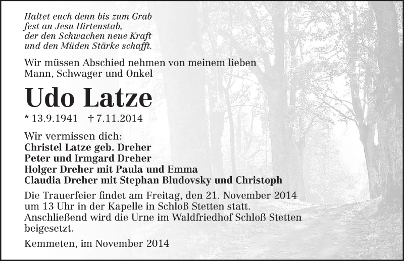  Traueranzeige für Udo Latze vom 18.11.2014 aus 