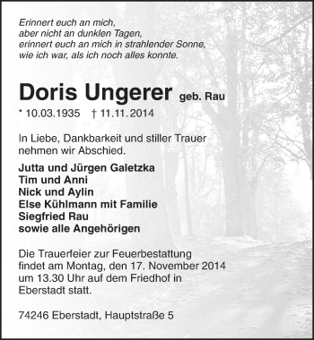 Traueranzeige von Doris Ungerer 