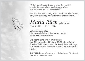 Traueranzeige von Maria Rück 
