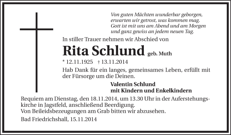  Traueranzeige für RIta Schlund vom 15.11.2014 aus 