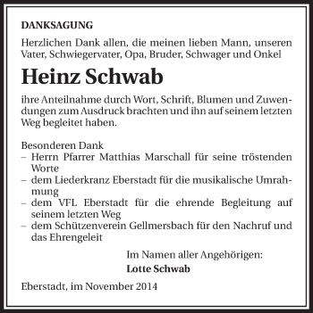 Traueranzeige von Heinz Schwab 