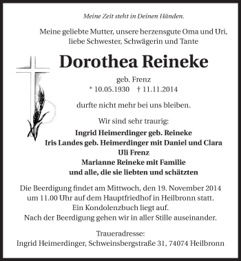 Traueranzeige von Dorothea Reineke 
