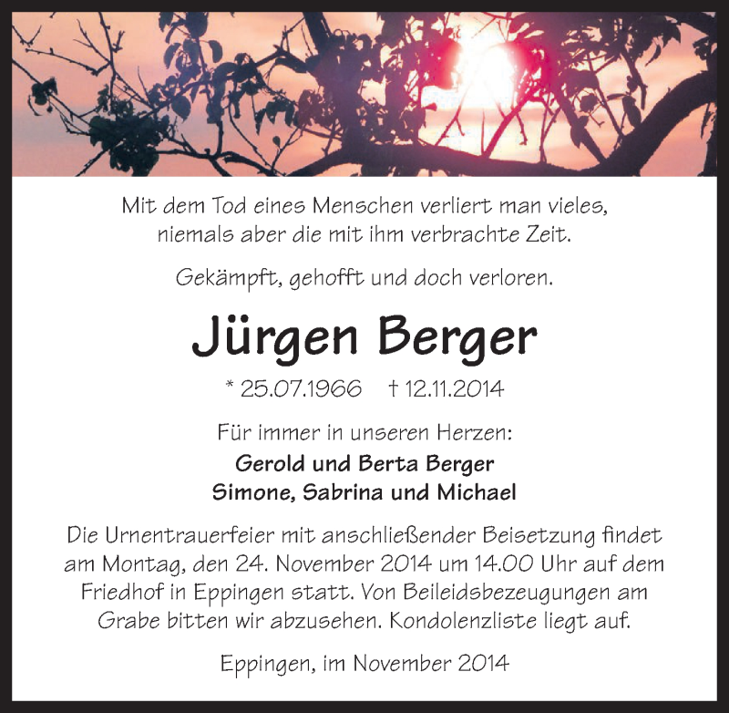  Traueranzeige für Jürgen Berger vom 18.11.2014 aus 