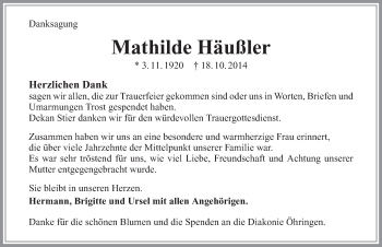 Traueranzeige von Mathilde Häußler 