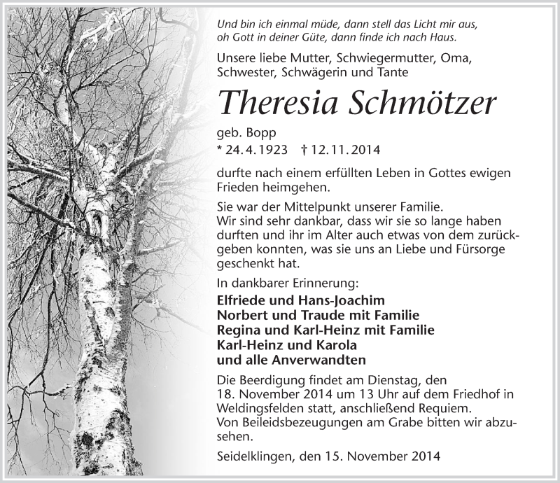  Traueranzeige für Theresia Schmötzer vom 15.11.2014 aus 