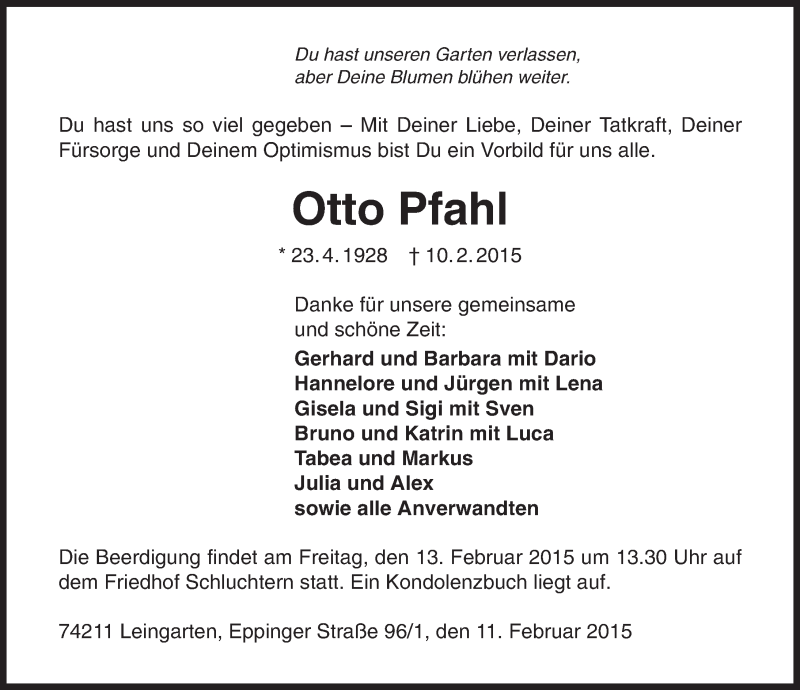  Traueranzeige für Otto Pfahl vom 11.02.2015 aus 