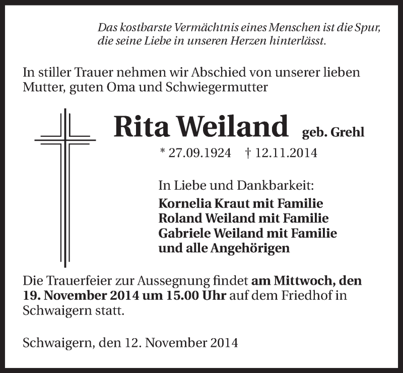  Traueranzeige für Rita Weiland vom 17.11.2014 aus 