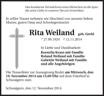 Traueranzeige von Rita Weiland 