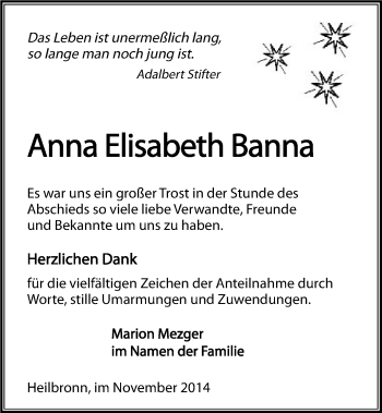 Traueranzeige von Anna Elisabeth Banna 