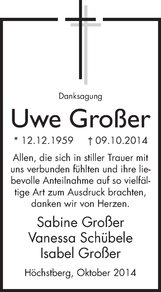  Traueranzeige für Uwe Großer vom 17.11.2014 aus 