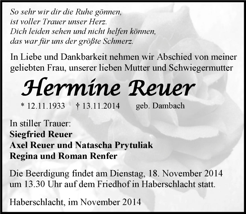  Traueranzeige für Hermine Reuer vom 17.11.2014 aus 