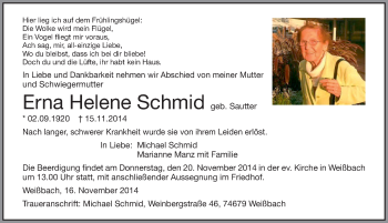Traueranzeige von Erna Helene Schmid 