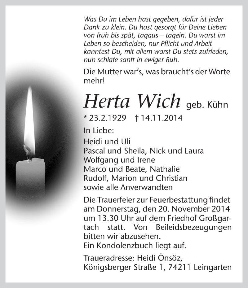  Traueranzeige für Herta Wich vom 18.11.2014 aus 