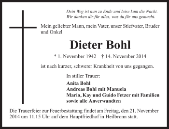 Traueranzeige von Dieter Bohl 