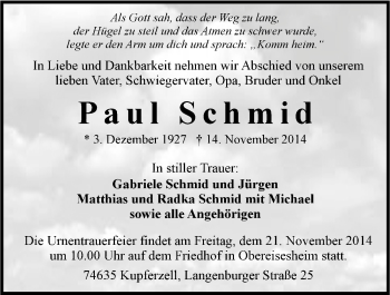 Traueranzeige von Paul Schmid 
