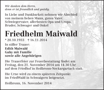 Traueranzeige von Friedhelm Maiwald 