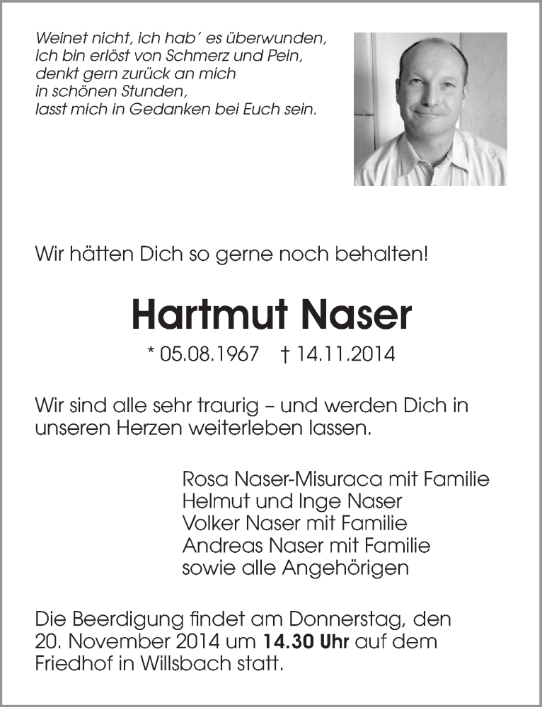  Traueranzeige für Hartmut Naser vom 18.11.2014 aus 