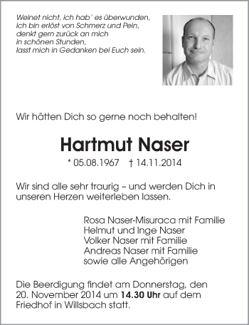 Traueranzeige von Hartmut Naser 