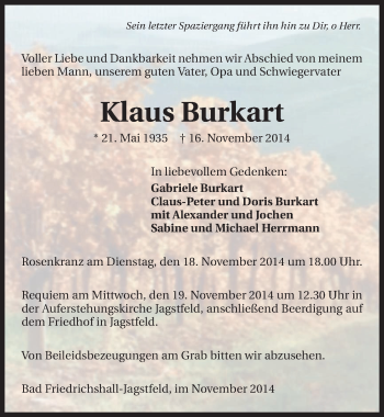 Traueranzeige von Klaus Burkart 
