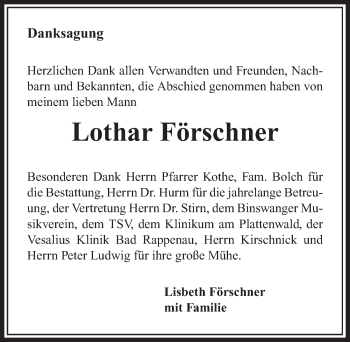 Traueranzeige von Lothar Förschner 