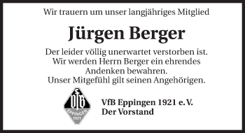 Traueranzeige von Jürgen Berger 
