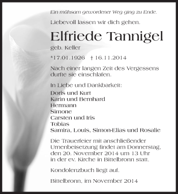 Traueranzeige von Elfriede Tannigel 