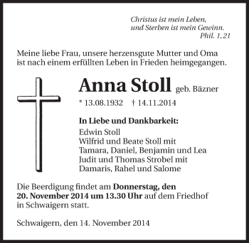Traueranzeige von Anna Stoll 
