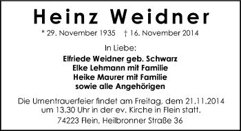 Traueranzeige von Heinz Weidner 