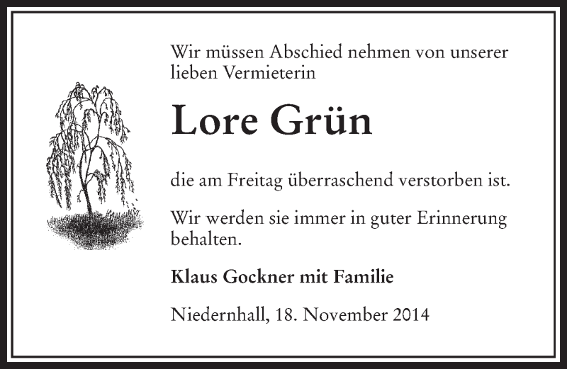  Traueranzeige für Lore Grün vom 18.11.2014 aus 