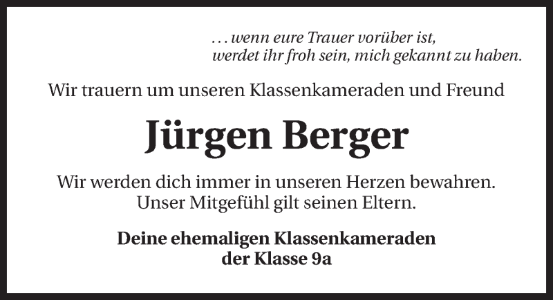  Traueranzeige für Jürgen Berger vom 18.11.2014 aus 