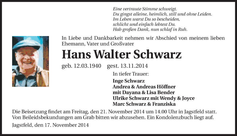 Traueranzeige für Hans Walter Schwarz vom 18.11.2014 aus 