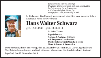 Traueranzeige von Hans Walter Schwarz 