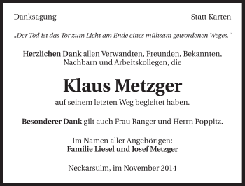 Traueranzeige von Klaus Metzger 